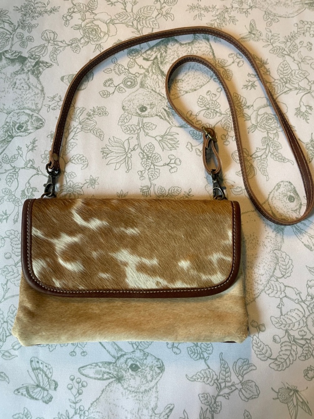 Myra Bag Tan and White Hair-On-Hide Crossbody with Brown Trim